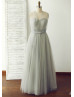 Convertible Silver Gray Tulle Pleated Elegant Bridesmaid Dress